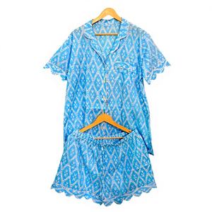 Conjunto de Pijama para Mujer, Hecho a Mano en India, 100% Algodón, Estampado de Bloques con Patrón de Diamantes, Cintura Elástica, Mangas Cortas, Transpirable, Suave, Estilo Vintage - Product Image 1