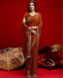 KV Women's Embroidered, Embellished Bollywood Georgette <b>Saree</b> With Unstitched Blouse (<b>Orange</b>) - Product Image 2