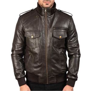 Chaqueta de Cuero, Piel de Oveja Auténtica, Cierre de Cremallera, Cuello Alto, Puños de Punto Acanalado, Seis Bolsillos Exteriores y Dos Interiores - Product Image 1