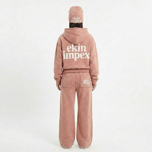 Ekin Impex Wholesale Custom Logo Acid Wash Unisex 3 Piece Rhinestone Sweatsuit Set Raw Frayed Hem Cropped Zip Hoodie <b>Distressed</b> - Product Image 2