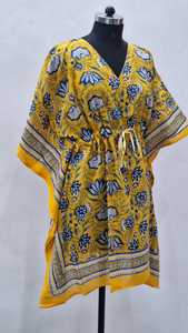 Robe Kaftan en Coton pour Femme, Col en V, Manches Chauve-Souris, Imprimé Floral, Coupe Ample Simple, Longueur Genou, à Nouer, Printemps-Été, Tenue Décontractée - Product Image 3