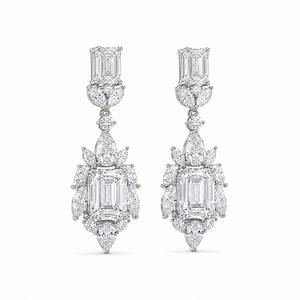 White Gold <b>Emerald</b> Cut Diamond Chandelier <b>Earrings</b> Luxury Flower Design Women's Wedding Jewelry Claw Setting - Product Image 2