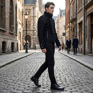 Chaqueta Bomber Negra de Hombre ZULARI IMPEX, Cuello Alto, Color Sólido, Estilo Gótico, Cierre de Botones, Corte Ajustado, para Invierno - Product Image 2