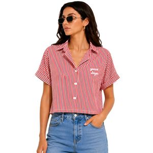 Camisa corta a rayas rojas y blancas personalizada para mujer, logotipo bordado personalizado, blusa informal de verano con botones y manga corta, OEM - Product Image 1