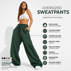 Pantalones de chándal holgados para mujer, 100% algodón polar, 480 GSM, estilo athleisure, al por mayor, cintura elástica media, cómodos, parte delantera plana, pierna ancha premium - Product Image 4
