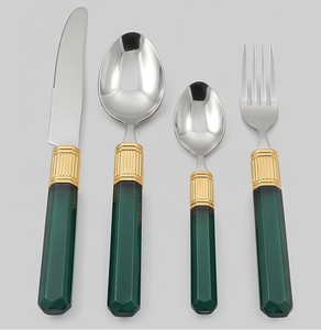 Ensemble de couverts en acier inoxydable plaqué or et vert, finition miroir, manche long, vaisselle moderne de luxe pour les occasions de mariage - Product Image 1