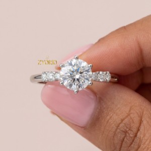 18K Gold Round Cut Lab Grown Diamond Engagement <b>Ring</b> <b>Solitaire</b> Six Prong Wedding <b>Ring</b> Women Side Stone Luxury Diamond <b>Ring</b> - Product Image 1