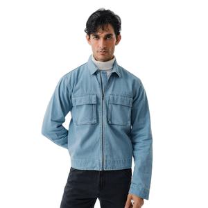 <b>Light</b> Blue Denim Zip Up Jacket for Men Premium Cotton Long Sleeve Outerwear with Dual Chest Pockets Fashion Casual Workwear - Product Image 1