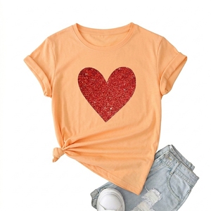 Women's Summer 100% Cotton T-Shirts Streetwear Regular Fit <b>Red</b> <b>Glitter</b> Heart Printed Crew Neck Short Sleeve Shirt - Product Image 1