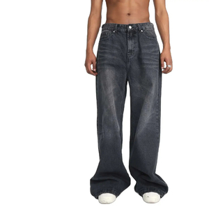 Jean baggy noir unisexe pour homme – Coupe droite, jambe large, denim ample, taille mi-haute, style décontracté, délavage clair, pour tous - Product Image 5