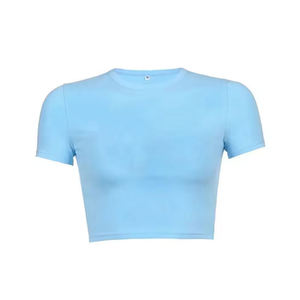 Crop top tricoté à manches courtes et col rond pour femme, couleur unie, coupe ajustée, décontracté, toutes saisons, marron - Product Image 2