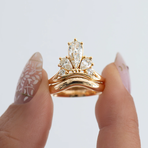 14K Real <b>Gold</b> Pear Cut Lab Grown Diamond Royal Crown Engagement <b>Ring</b> with Curved Wedding Band Chunky <b>Gold</b> Band Bridal <b>Ring</b> <b>Set</b> - Product Image 4