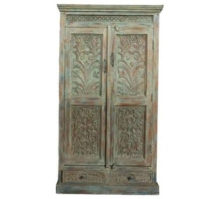 Luxury Handcrafted Solid Wood 2 Door <b>Wardrobe</b> Ornate Leaf Carving Distressed Teal Green Armoire - Product Image 1