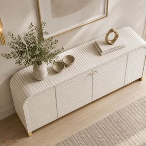 Modern Metal Rattan <b>Sideboard</b> with Brass Handles and Grey Stripe Pattern 4 ft <b>Storage</b> for Living Room Furniture - Product Image 4
