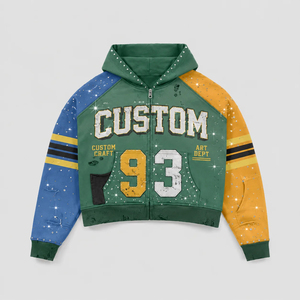 OEM Print Cotton Cropped <b>Zip</b> <b>up</b> Hoodie unisex Rhinestone Graphic Boxy Fit Streetwear Custom Logo High Quality <b>Men</b> Hoodie - Product Image 2