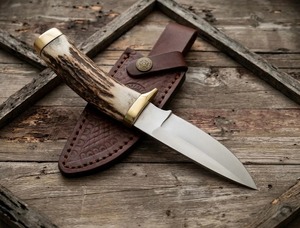 Couteau à Découper à Lame Pointue avec Manche en Bois de Cerf, Lame en Acier Inoxydable de 0,35 mm d'Épaisseur, Longueur Totale de 6 Pouces, Étui en Cuir - Product Image 1