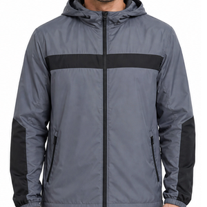 Veste coupe-vent à capuche pour homme, légère, imperméable, deux tons gris et noir, fermeture éclair, pour la course à pied - Product Image 3