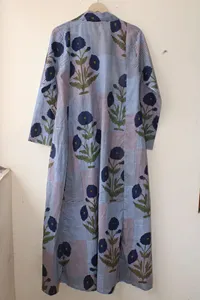 Women Hand Block Print Cotton Maxi <b>Dress</b> Blue Floral <b>Loose</b> Fit V Neck A Line Long <b>Dress</b> - Product Image 3