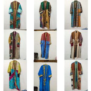 Kimono Maxi de Seda Reciclada Vintage, Vestido Tipo Bata para Mujer, Elegante, con Parches, Cuello en V, Cordón Ajustable, Transpirable, de Secado Rápido, para Verano - Product Image 1