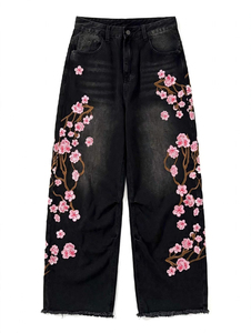 Pantalones Anchos de Mezclilla Elásticos de Cintura Alta para Mujer, Transpirables, de Lona, con Frente Plano, Bordados, de Secado Rápido, Estilo Urbano - Product Image 5