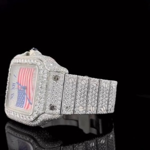 Luxury Silver Iced Out Watch VVS Moissanite Diamond American Flag Dial Fully Paved Square <b>Case</b> Steel Bracelet Men Custom Watch - Product Image 3
