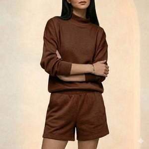 Conjunto de Pantalones Cortos con Cuello Alto Moderno para Mujer, Atuendo de Invierno, Ropa de Salón Cómoda, Suave y Cálida, Ropa Diaria Elegante - Product Image 1