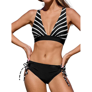 Conjunto de Bikini a Rayas Más Vendido, Top Triangular con Cuello en V Profundo, Braguita con Lazos Laterales, Traje de Baño, Ropa de Playa, Tela Elástica - Product Image 1
