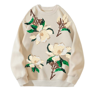 เสื้อสเวตเชิ้ตคอปกแบบลำลองปักลายดอกแมกโนเลียประดับเลื่อม งานแฮนด์เมดสำหรับผู้หญิงและวัยรุ่น ปี 2025 ผ้าฝ้าย 100% ดีไซน์โลโก้ปะติดด้านหน้า - Product Image 1