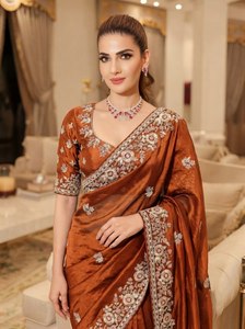 Elegant Blue Silk <b>Saree</b> With Floral Embroidery Traditional Wedding Wear <b>For</b> <b>Women</b> India Pakistan Style - Product Image 2