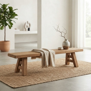 Solid Wood Low <b>Bench</b> Modern Minimalist A Line Frame Leg Natural Teak Style Wooden <b>Bench</b> Shoe Change Stool Home Seating Furniture - Product Image 2