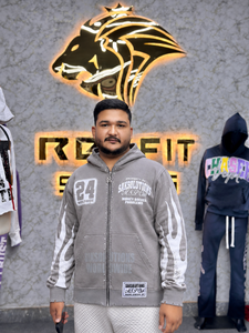 Wholesale Custom Gray Washed <b>Full</b> <b>Zip</b> Hoodie Crystal Studded Flame Print Distressed Oversized Hip Hop <b>Sweatshirt</b> for Unisex Wear - Product Image 1