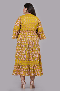 Ensemble ethnique en coton lurex imprimé floral, robe Anarkali verte à manches évasées, col rond, grande taille, vêtements décontractés pour femmes, vente en gros - Product Image 2