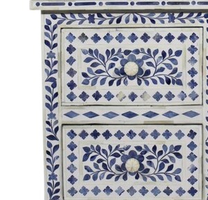 Contemporary blue and white botanical design bedside <b>chest</b> functioning as a decorative <b>2</b> <b>drawer</b> Capiz nightstand unit - Product Image 4