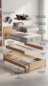 Cadre de lit plateforme moderne en bois massif écologique avec panneaux rembourrés, couleur bois naturel, mobilier de chambre Queen/King - Product Image 2