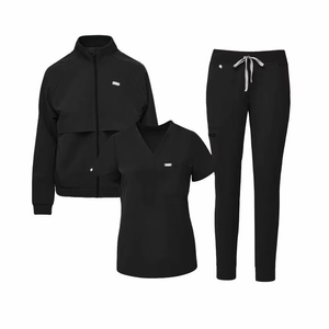 Women's Black <b>Scrub</b> <b>Set</b> With Jacket Top And Pants Polyester Knitted Hospital Uniforms - Product Image 1