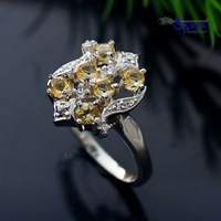 Anillo de Plata 925 con Citrino Amarillo en Racimo, Diseño Floral, Engaste de Garras, Joyería Fina Clásica para Mujer, Ideal para Bodas y Fiestas