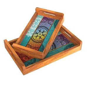 Juego de 2 bandejas de madera impresas de alta calidad, plato de madera hecho a mano con asas, bandeja decorativa para servir postres - Product Image 2