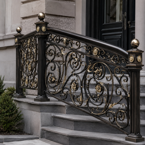 Rampe d'escalier en fer forgé doré de luxe, ornée de motifs floraux, pour la conception d'entrées intérieures de villas et d'hôtels - Product Image 2