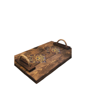 Plateau de service ovale marocain en bois fait main avec poignées, plateau à thé en métal gravé, style vintage, décoration d'intérieur, plateau ottoman - Product Image 3