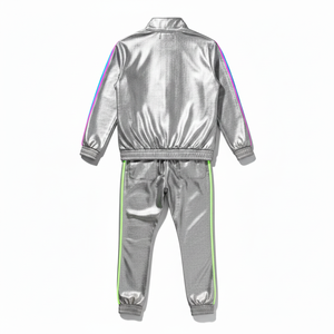Traje de sauna para hombre, traje de control corporal para pérdida de peso, con rayas plateadas neón, diseño deportivo con cremallera completa, traje deportivo con revestimiento. - Product Image 3