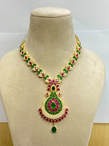 RAY FINE ORNATES <b>Ruby</b> Pearl Imitation Long <b>Necklace</b> Set 22K Gold Plated Vintage Bridal Jewelry Traditional Indian Wedding - Product Image 2