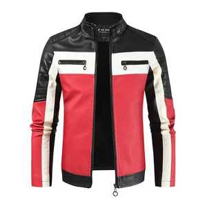 Men's Genuine Leather Breathable Biker Style <b>Slim</b> <b>Fit</b> <b>Jacket</b> Color Blocking Turn-down Zipper Closure Casual Regular Length - Product Image 4