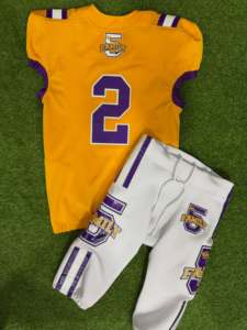 Youth American <b>Football</b> Jersey Set Gold Purple V-Neck Sleeveless Uniform with <b>White</b> Pants Sublimated Print Family Logo - Product Image 2