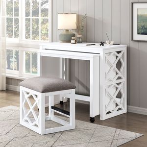 Set di 3 Pezzi per Ufficio Domestico con Finitura Bianca, Scrivania con Rotelle e 2 Porte di Ricarica, Set di Sgabelli per Uso Computer - Product Image 2