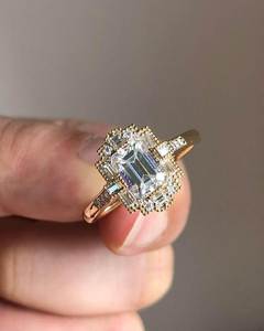 18k Silver Lab Grown <b>Diamond</b> Vintage Art Deco VVS Engagement Emerald Cut Geometric Halo Luxury IGI Certified Wedding <b>Ring</b> - Product Image 3