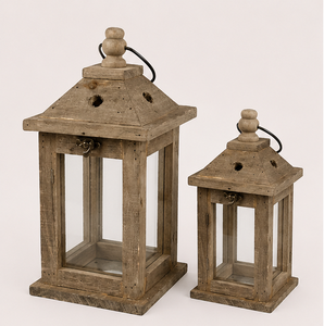 Wholesale <b>Set</b> of 2 Rustic Wooden <b>Lanterns</b> with Glass Panels Distressed Brown Farmhouse Decorative Candle Holder for Garden Decor - Product Image 3