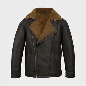 Veste en cuir marron foncé pour homme, col en fourrure beige, manteau d'hiver en peau de mouton véritable, doublure en polaire chaude, vêtement d'extérieur - Product Image 1