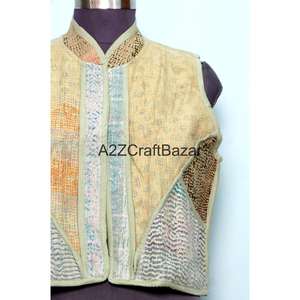 Handmade 100% Pure Cotton Kantha Women's Breathable <b>Quilted</b> Printed Non Woven Floral <b>Pattern</b> Spring/Autumn <b>Jacket</b> Cut Sleeve - Product Image 2