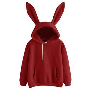 Sweat à capuche noir pour femme avec oreilles de lapin, manches classiques, en coton tricoté, coupe oversize, pour l'automne, style décontracté - Product Image 4