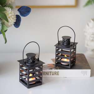 Lanterne noire élégante avec poignée en cuir, petite lanterne en fer, porte-bougie, lanterne géométrique miniature en métal, décoration d'intérieur - Product Image 2